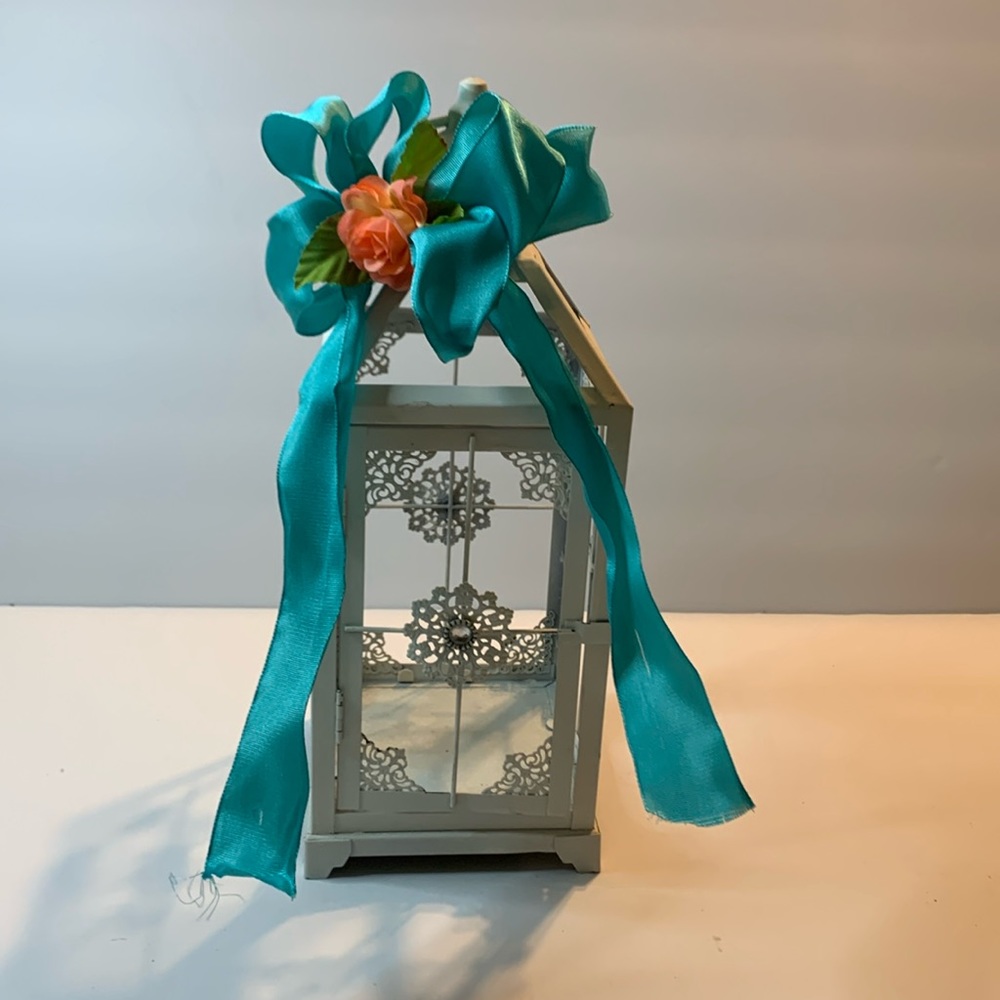 Pier 1 Painted Lantern With Aqua Bow And Peach Flower Approximately 13 x 5 Used